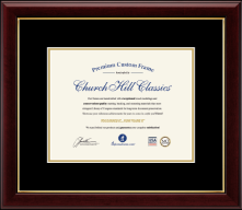 Custom dark wood frame with gold inner edging and black matting, showcasing a Premium Custom Frame certificate from Church Hill Classics, highlighting the brand’s commitment to handcrafted quality and conservation materials.
