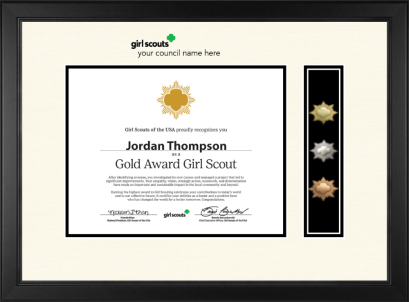 Custom black frame with cream matting displaying a Girl Scout Gold Award certificate, alongside a vertical row of gold, silver, and bronze award pins.