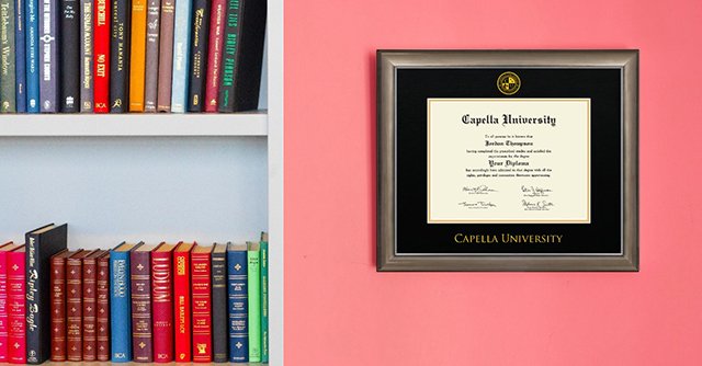 Capella University on pink wall