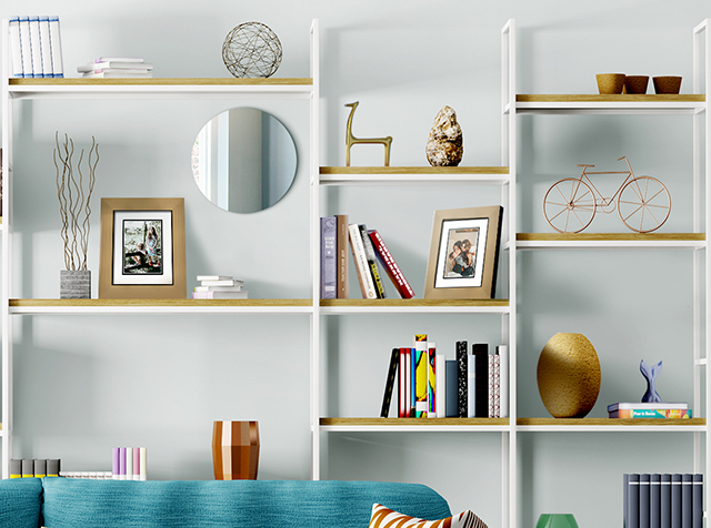 wall with shelves