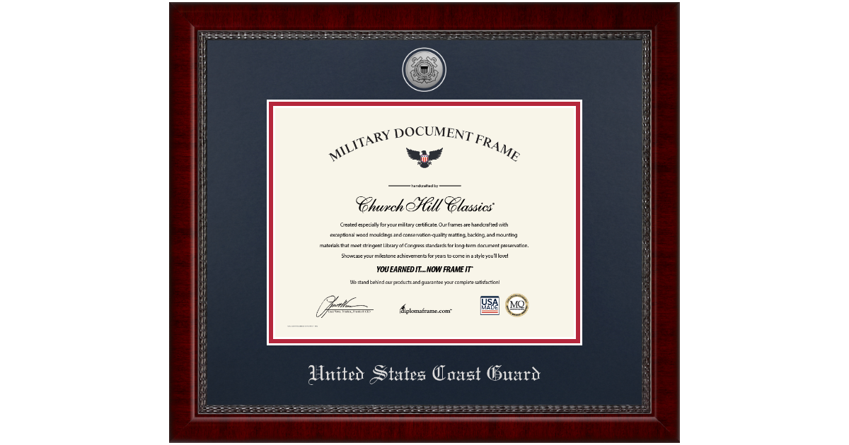 USCG Silver Engraved Medallion Certificate Frame - Navy and Red