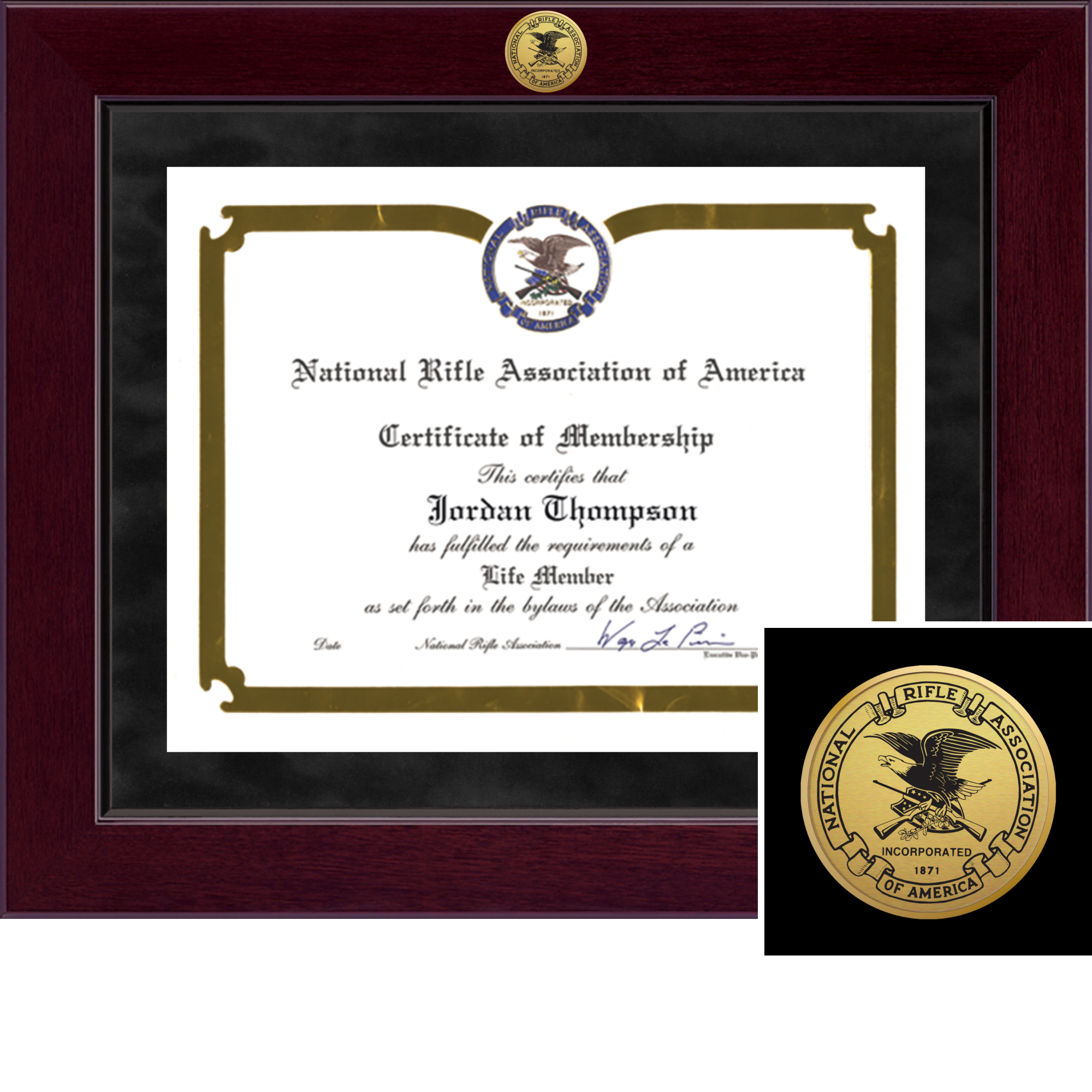 NRA Millennium Gold Engraved Certificate Frame - Black Suede