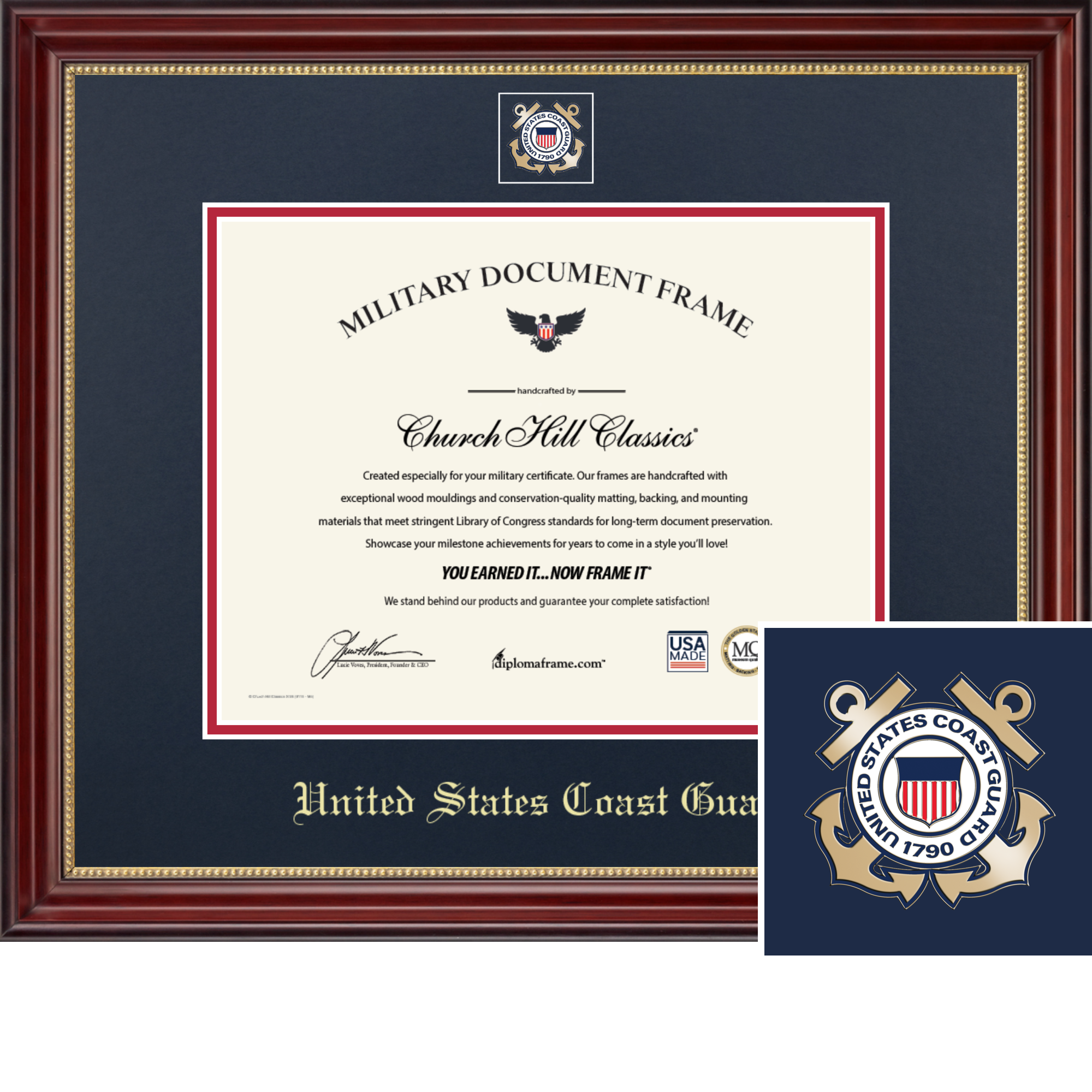 USCG Masterpiece Medallion Certificate Frame - Navy & Red Matting