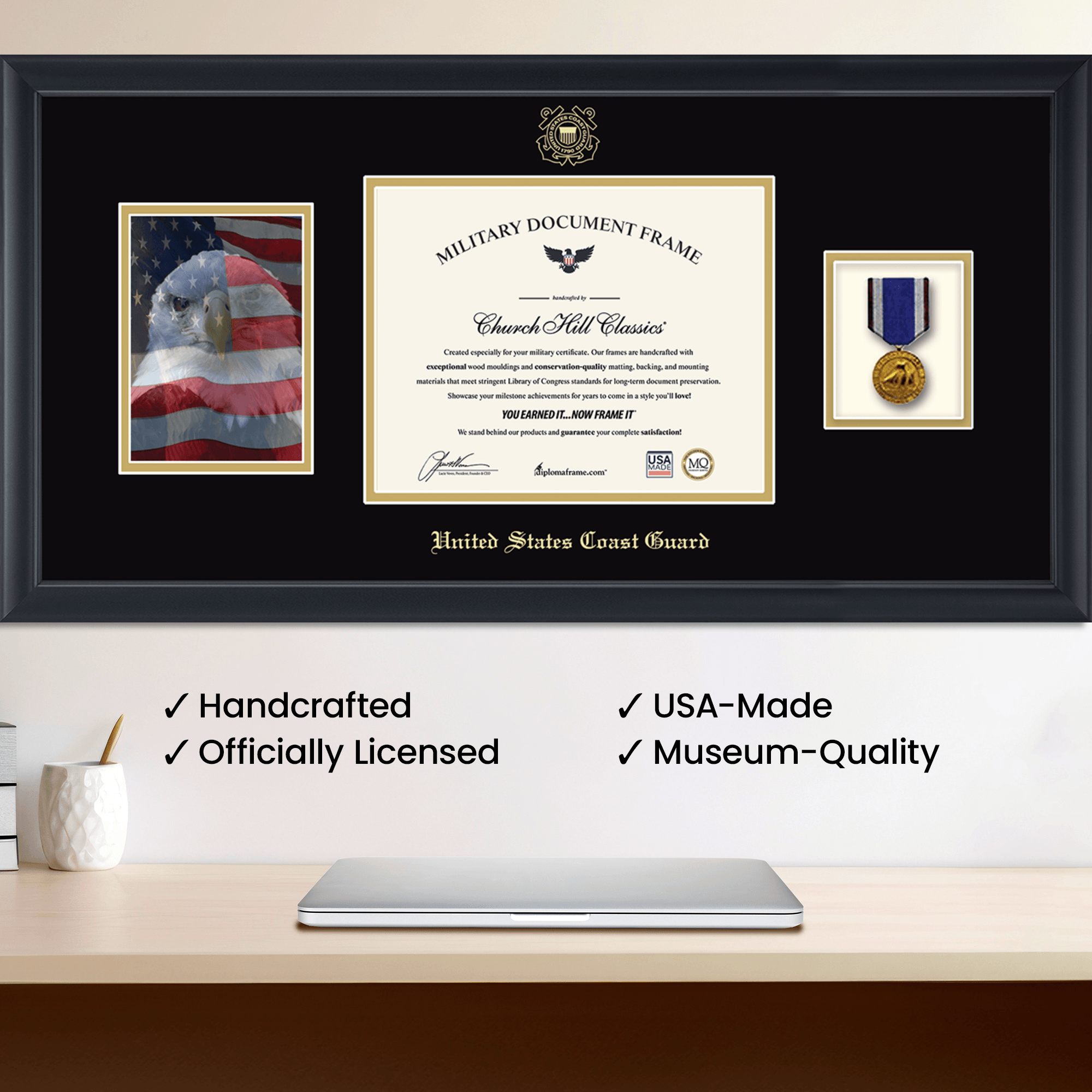 USCG Photo, Certificate & Medal Frame (Black) - Black and Gold Matting