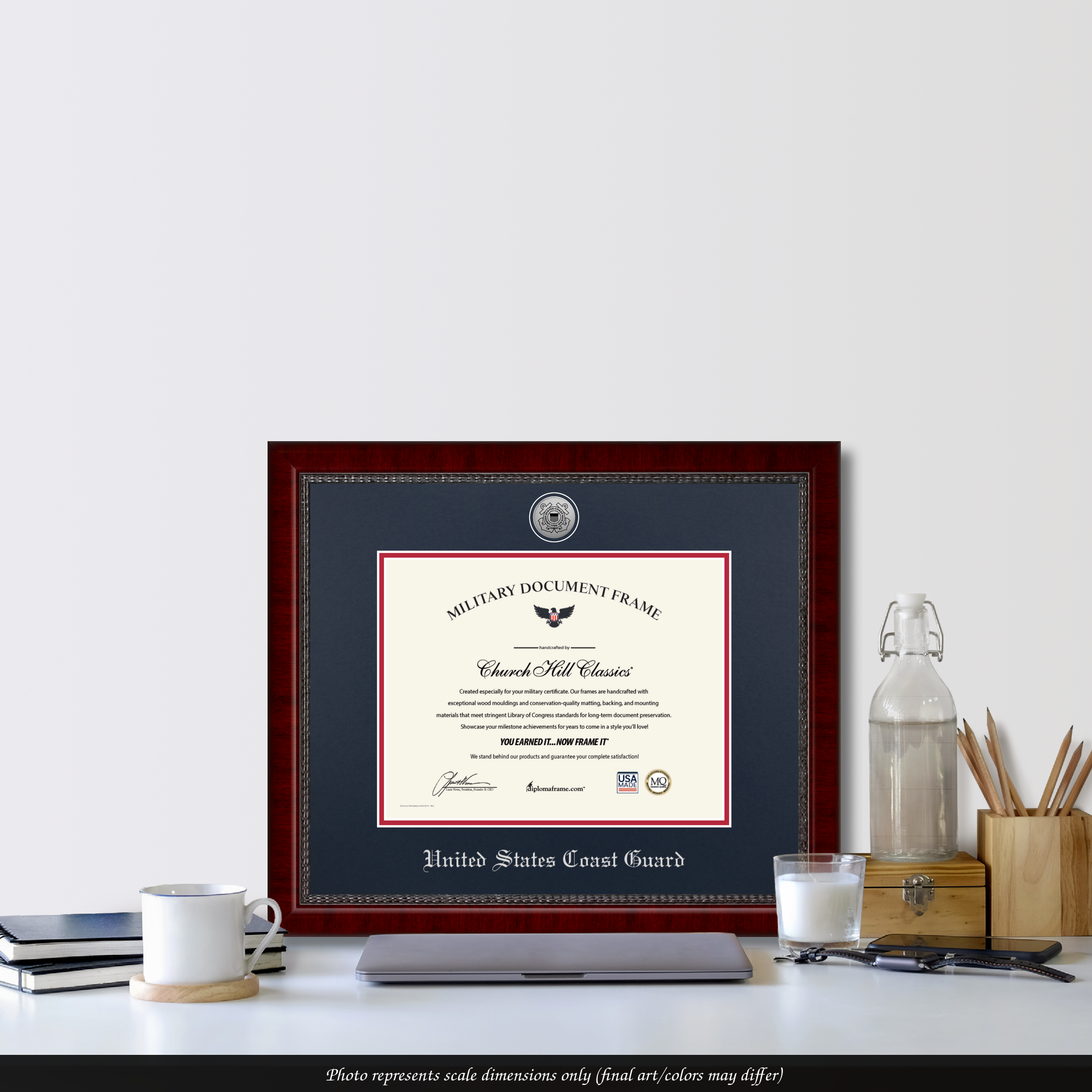 USCG Silver Engraved Medallion Certificate Frame - Navy and Red