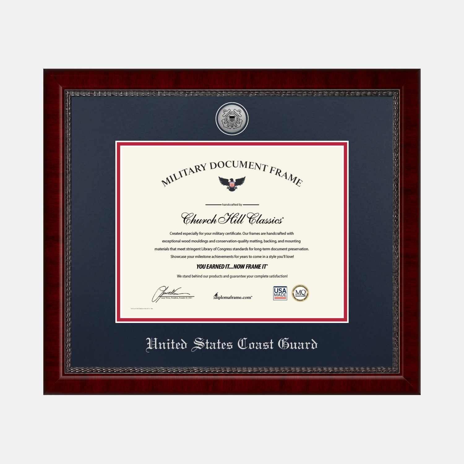 USCG Silver Engraved Medallion Certificate Frame - Navy and Red