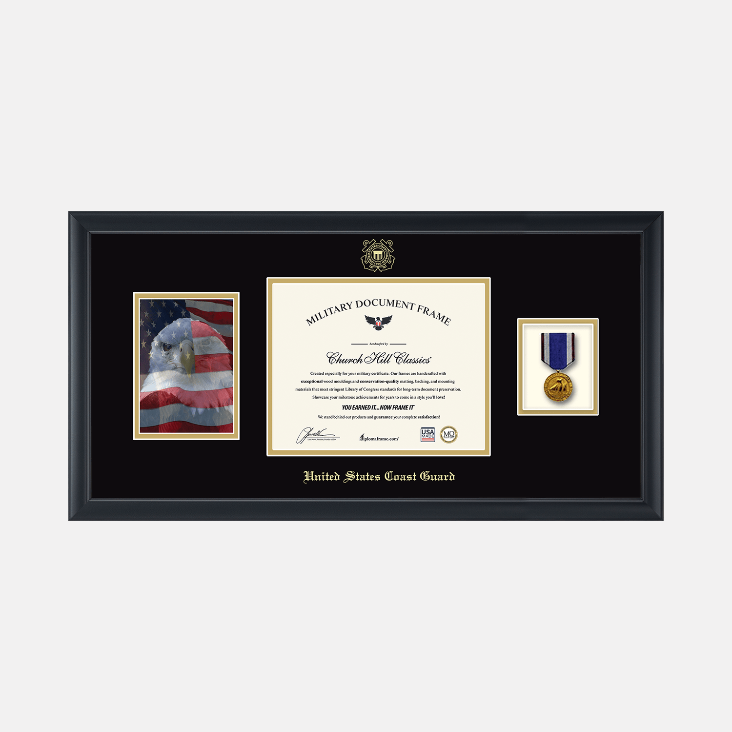 USCG Photo, Certificate & Medal Frame (Black) - Black and Gold Matting